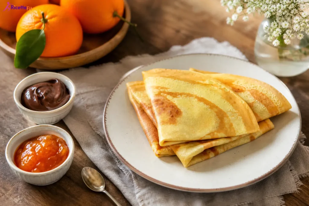 Crêpes light con yogurt greco servite con crema al cacao e marmellata di arance
