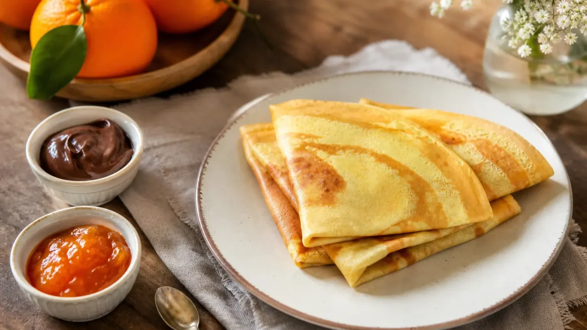 Crêpes light con yogurt greco servite con crema al cacao e marmellata di arance