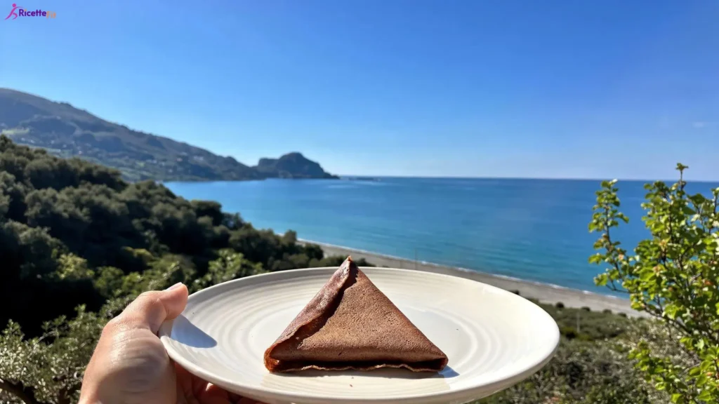 Crêpe vegan fit al cacao su piatto bianco vista mare a Cefalù