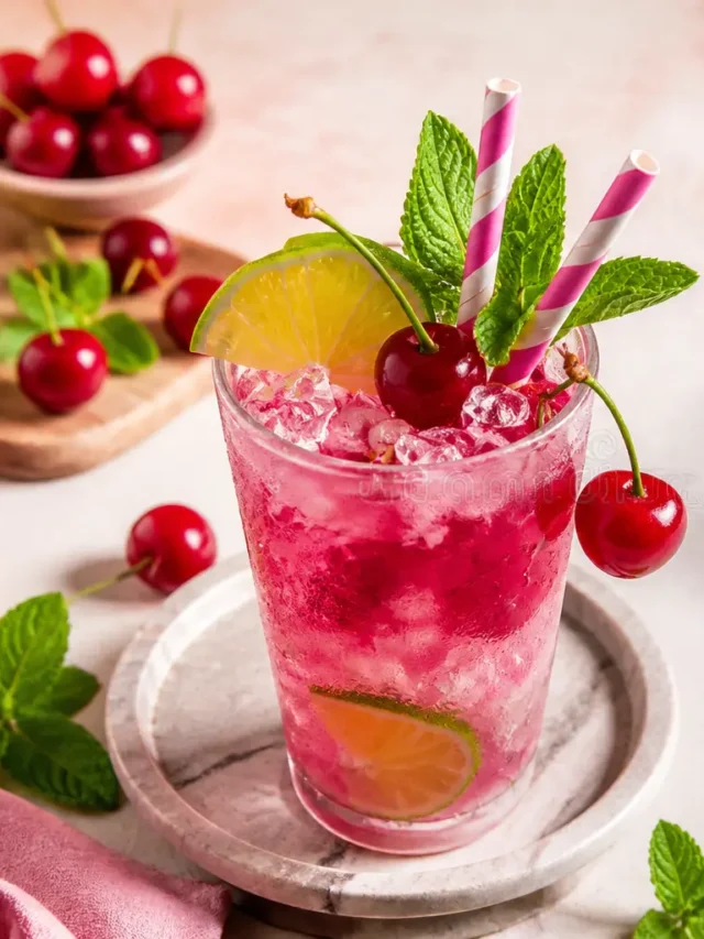 Cocktail rinfrescante alla ciliegia con lime, menta e ghiaccio