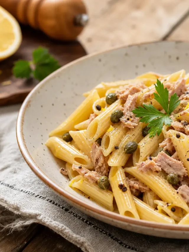 Pasta integrale con tonno, capperi e limone in piatto fondo