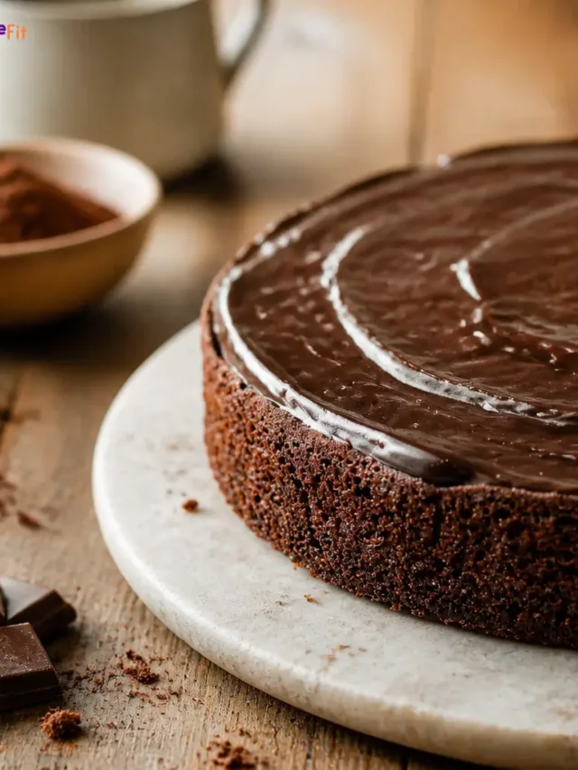 Torta al cioccolato fit con glassa fondente lucida su piatto chiaro