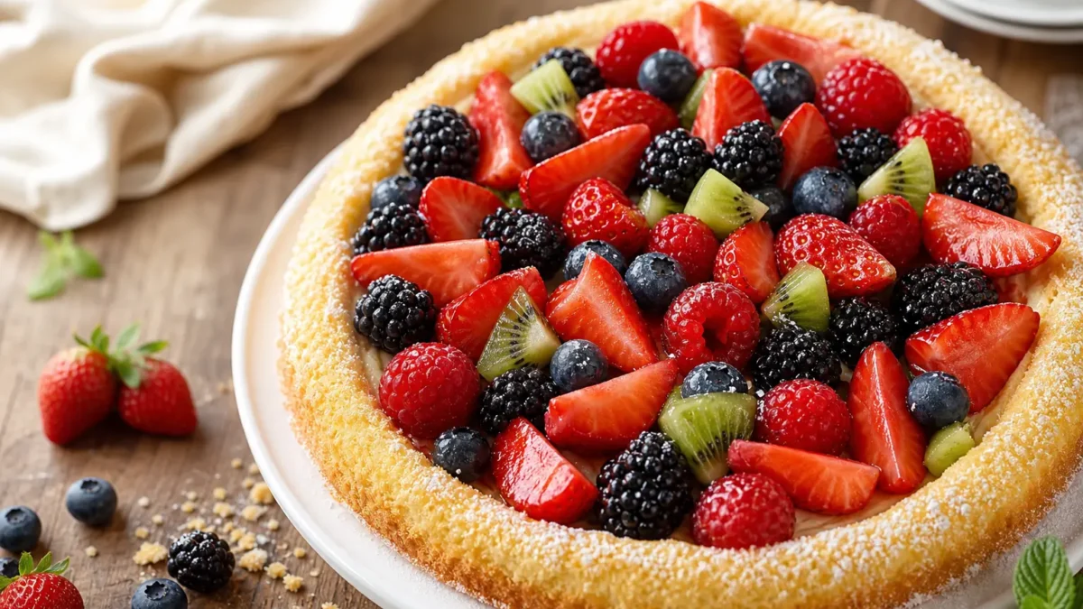 Crostata di frutta senza glutine con fragole, frutti di bosco e kiwi