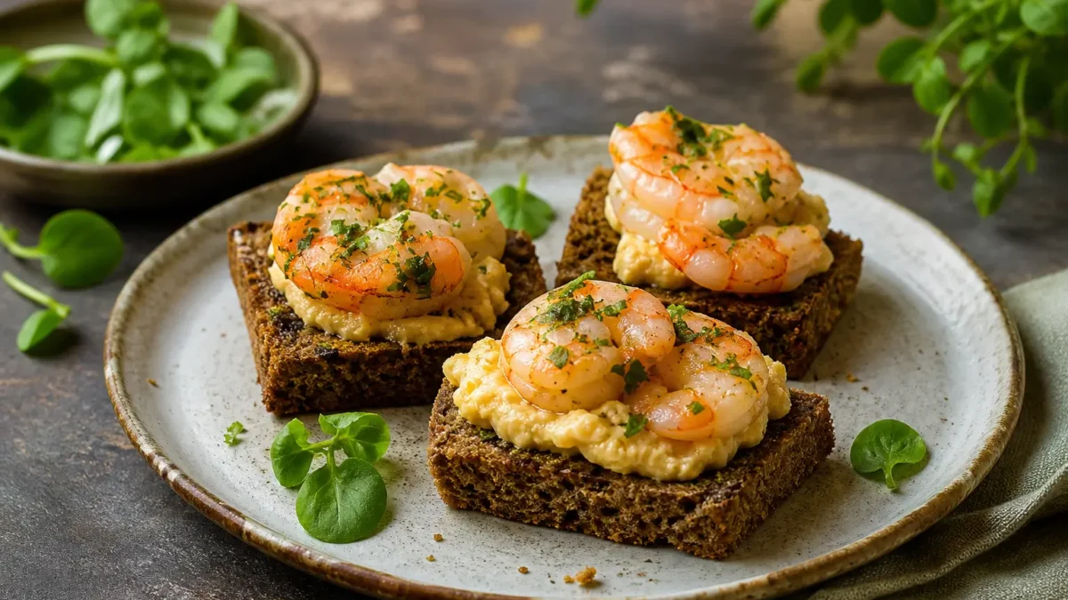 Crostini integrali con hummus cremoso e gamberi al prezzemolo su piatto