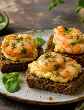 Crostini integrali con hummus cremoso e gamberi al prezzemolo su piatto