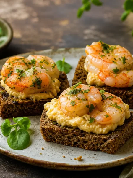 Crostini integrali con hummus cremoso e gamberi al prezzemolo su piatto