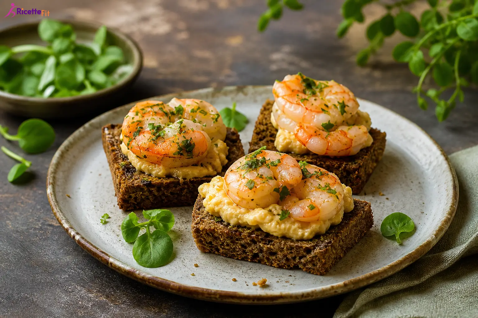 Crostini integrali con hummus cremoso e gamberi al prezzemolo su piatto