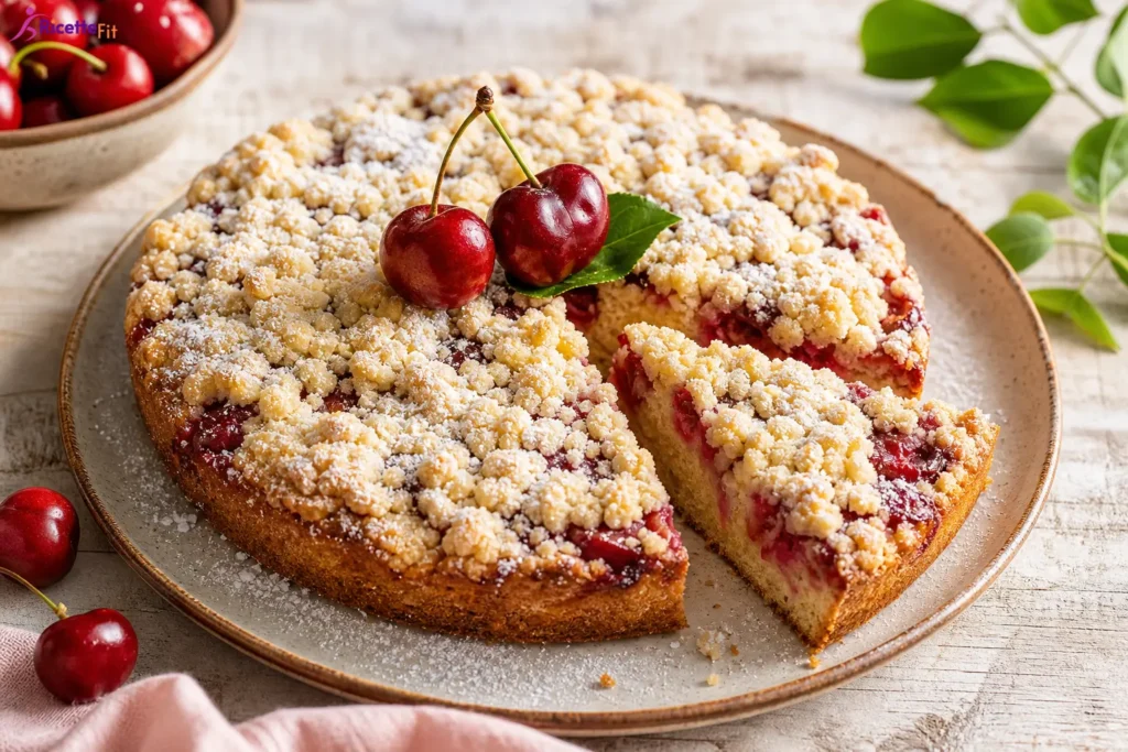 Crumble integrale alle ciliegie senza burro con fetta tagliata