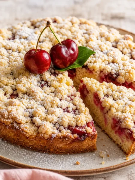 Crumble integrale alle ciliegie senza burro con fetta tagliata