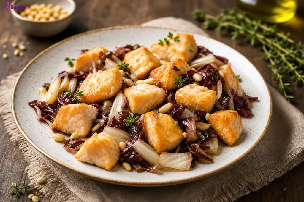 Dadolata di salmone alla soia con radicchio, cipolla e pinoli