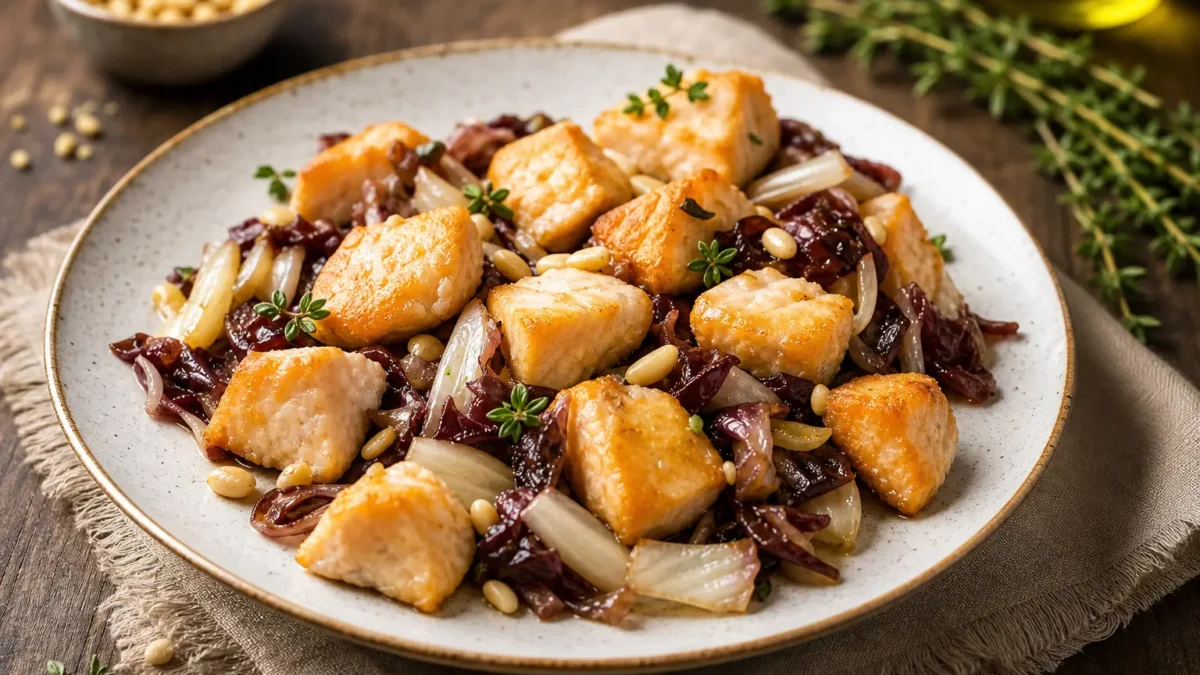 Dadolata di salmone alla soia con radicchio, cipolla e pinoli