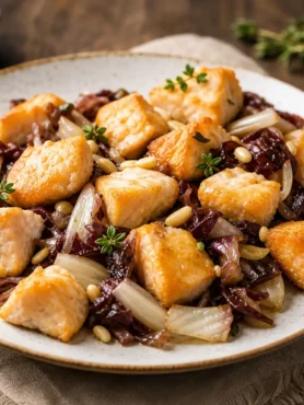 Dadolata di salmone alla soia con radicchio, cipolla e pinoli