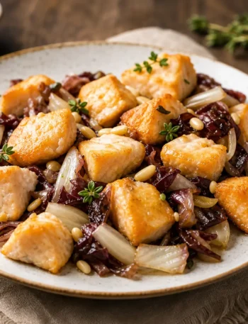 Dadolata di salmone alla soia con radicchio, cipolla e pinoli