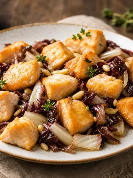 Dadolata di salmone alla soia con radicchio, cipolla e pinoli