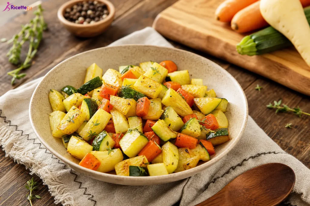 Daikon in padella con zucchine, carote, timo e curcuma