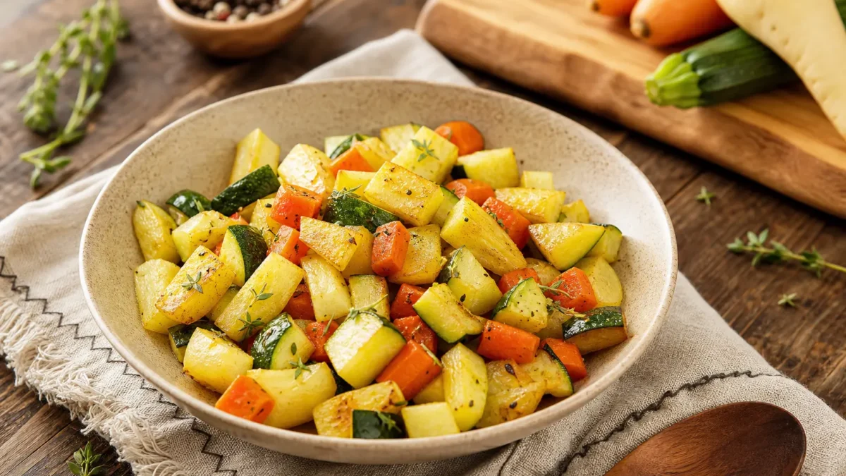 Daikon in padella con zucchine, carote, timo e curcuma