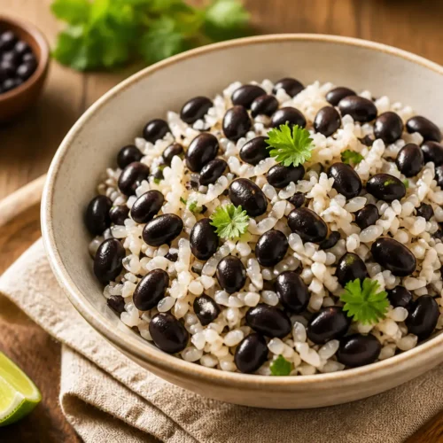 Fagioli neri saltati con riso integrale e lime