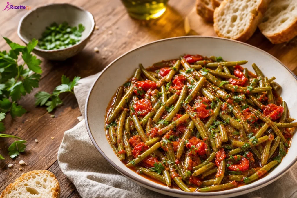 Fagiolini in umido al pomodoro con prezzemolo fresco e pane integrale