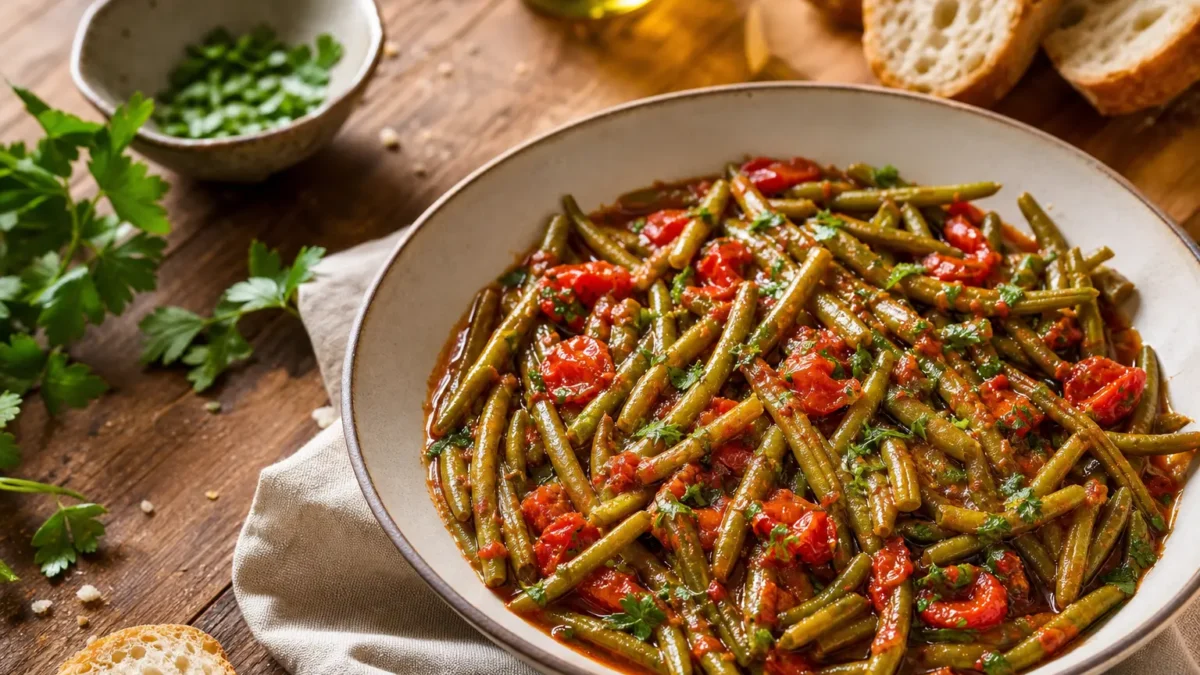 Fagiolini in umido al pomodoro con prezzemolo fresco e pane integrale