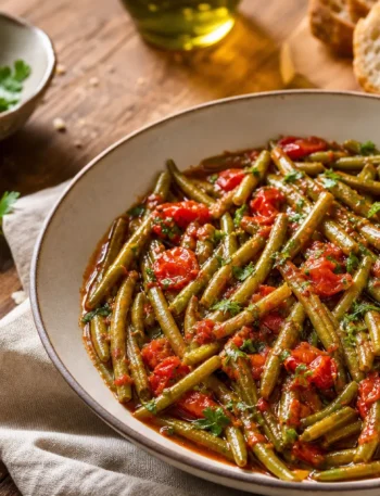 Fagiolini in umido al pomodoro con prezzemolo fresco e pane integrale