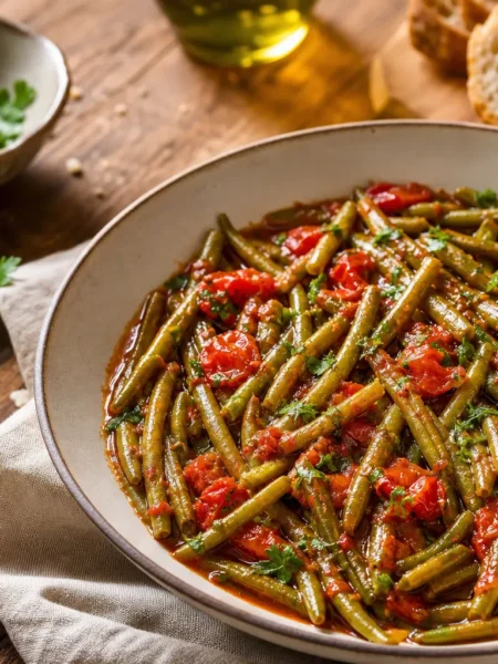 Fagiolini in umido al pomodoro con prezzemolo fresco e pane integrale