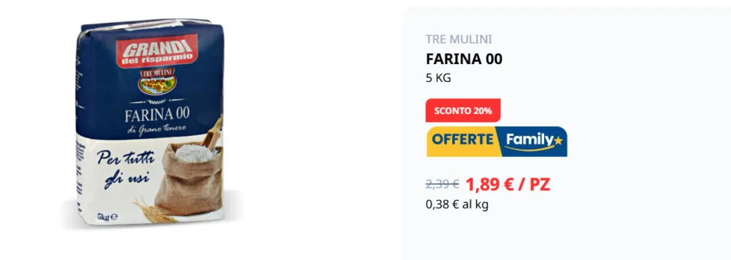 Confezione di farina 00 Tre Mulini da 5 kg in offerta Eurospin a 1,89 euro con sconto del 20%.