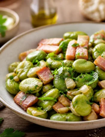 Fave fresche alla poverella con pancetta e prezzemolo
