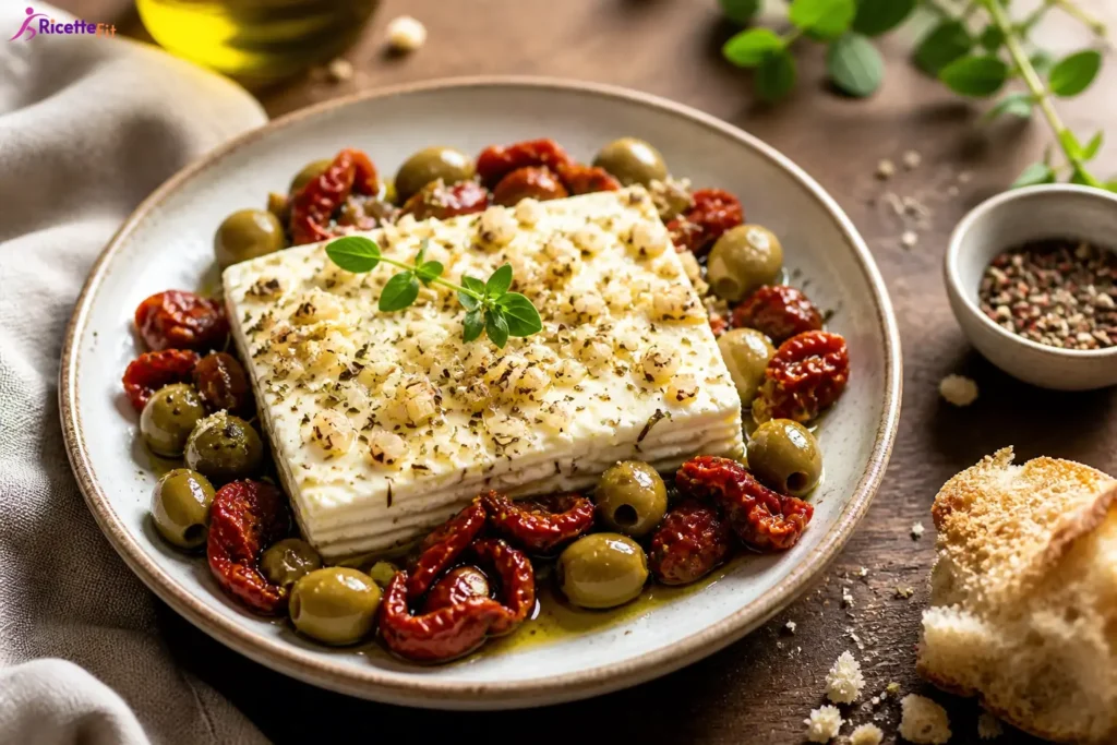 Feta al forno con olive verdi, pomodori secchi ed erbe aromatiche