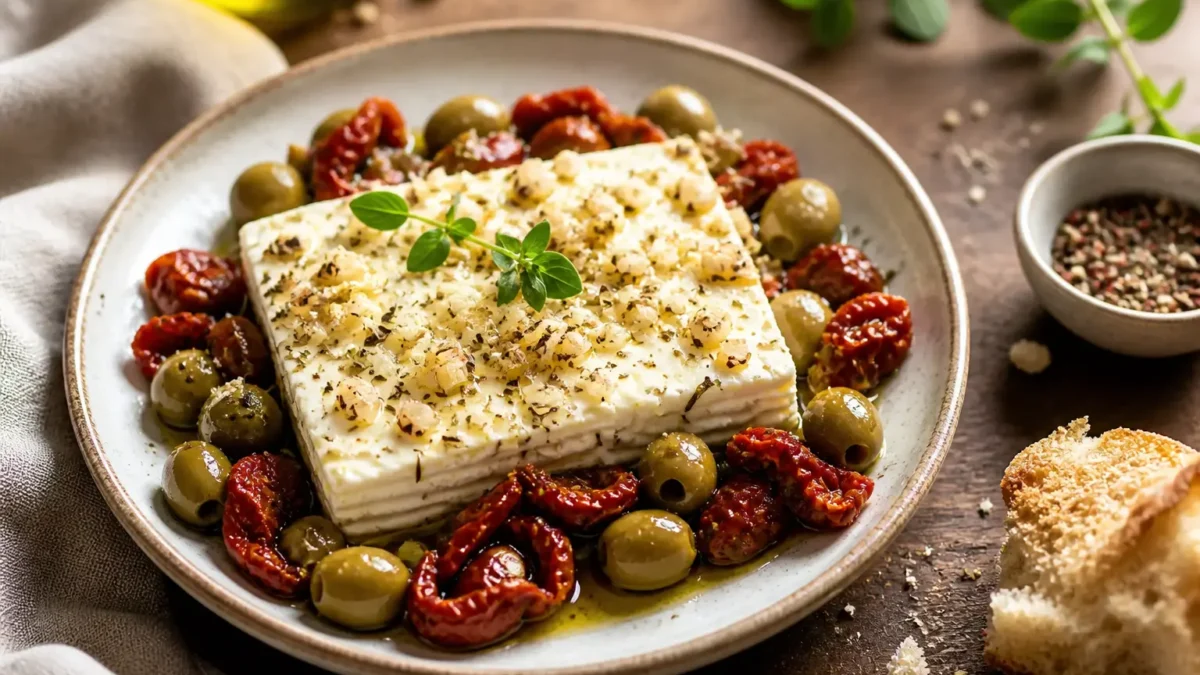 Feta al forno con olive verdi, pomodori secchi ed erbe aromatiche