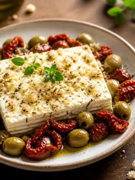 Feta al forno con olive verdi, pomodori secchi ed erbe aromatiche