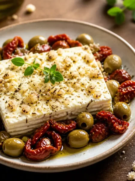 Feta al forno con olive verdi, pomodori secchi ed erbe aromatiche