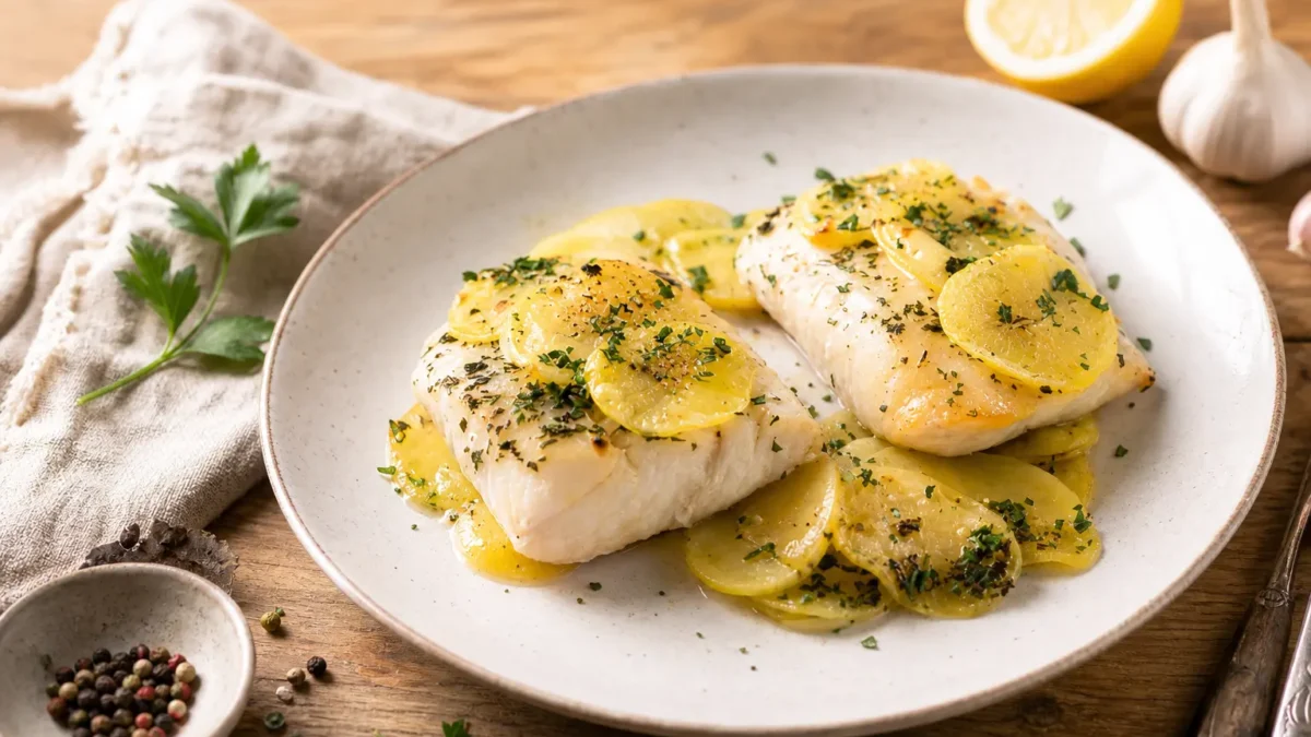 Filetti di merluzzo al vino bianco con patate, limone e prezzemolo