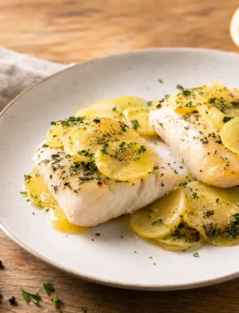 Filetti di merluzzo al vino bianco con patate, limone e prezzemolo