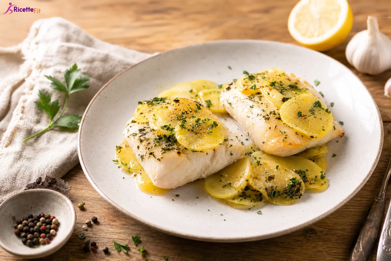 Filetti di merluzzo al vino bianco con patate, limone e prezzemolo