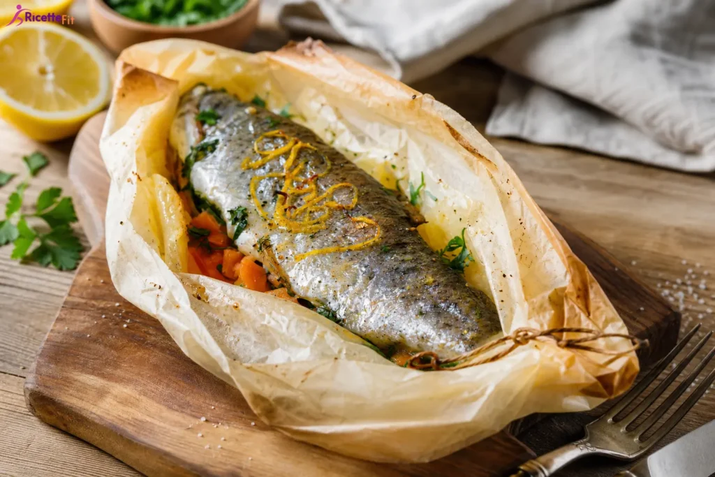 Filetti di trota al cartoccio con erbe, agrumi, patate e carote