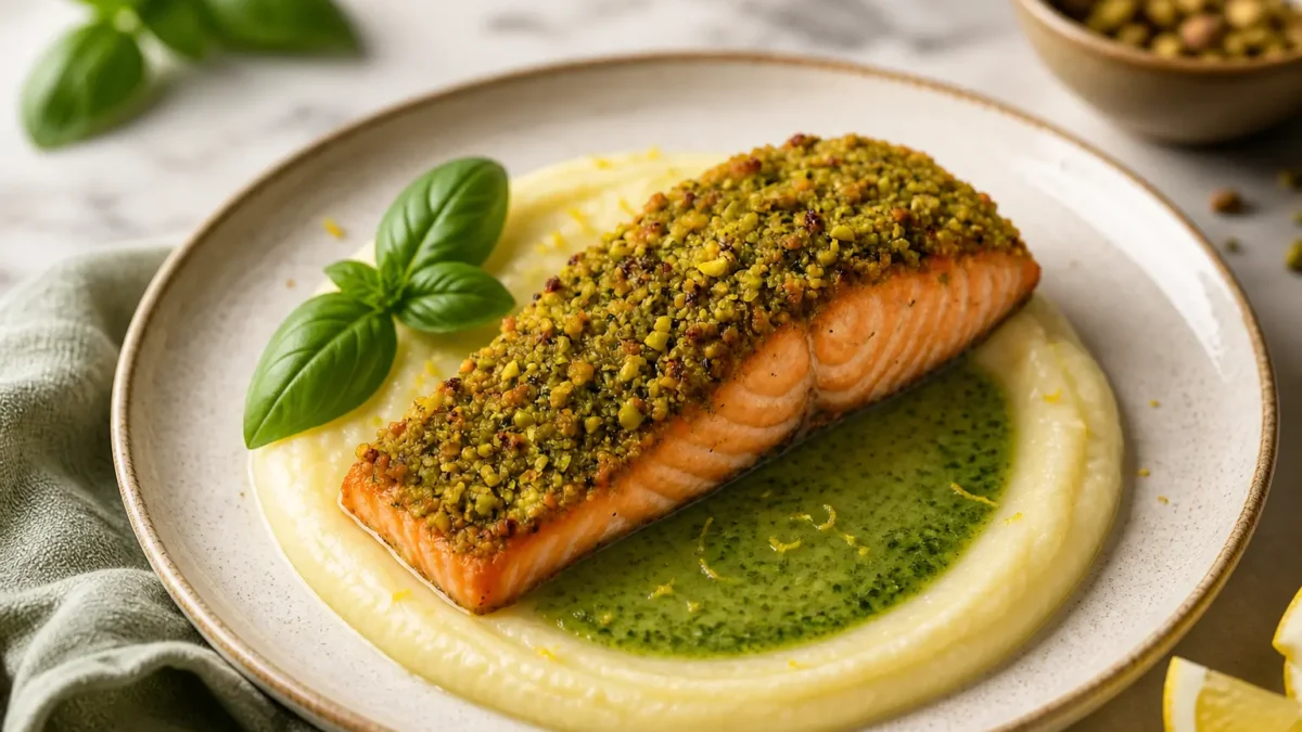 Filetto di salmone in crosta di pistacchi con crema allo yogurt e lime