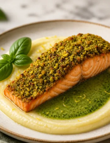 Filetto di salmone in crosta di pistacchi con crema allo yogurt e lime