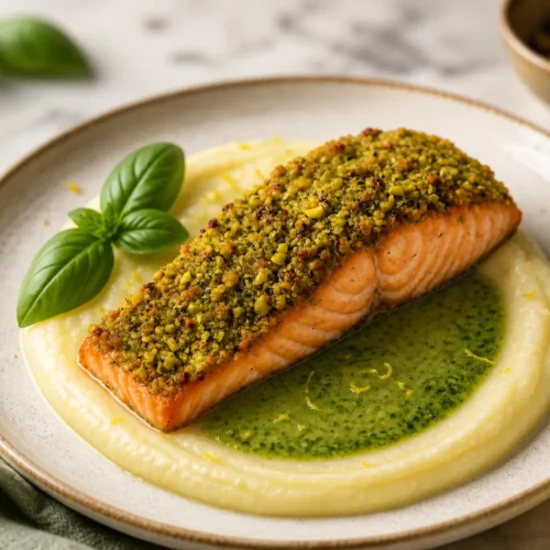 Filetto di salmone in crosta di pistacchi con yogurt e lime
