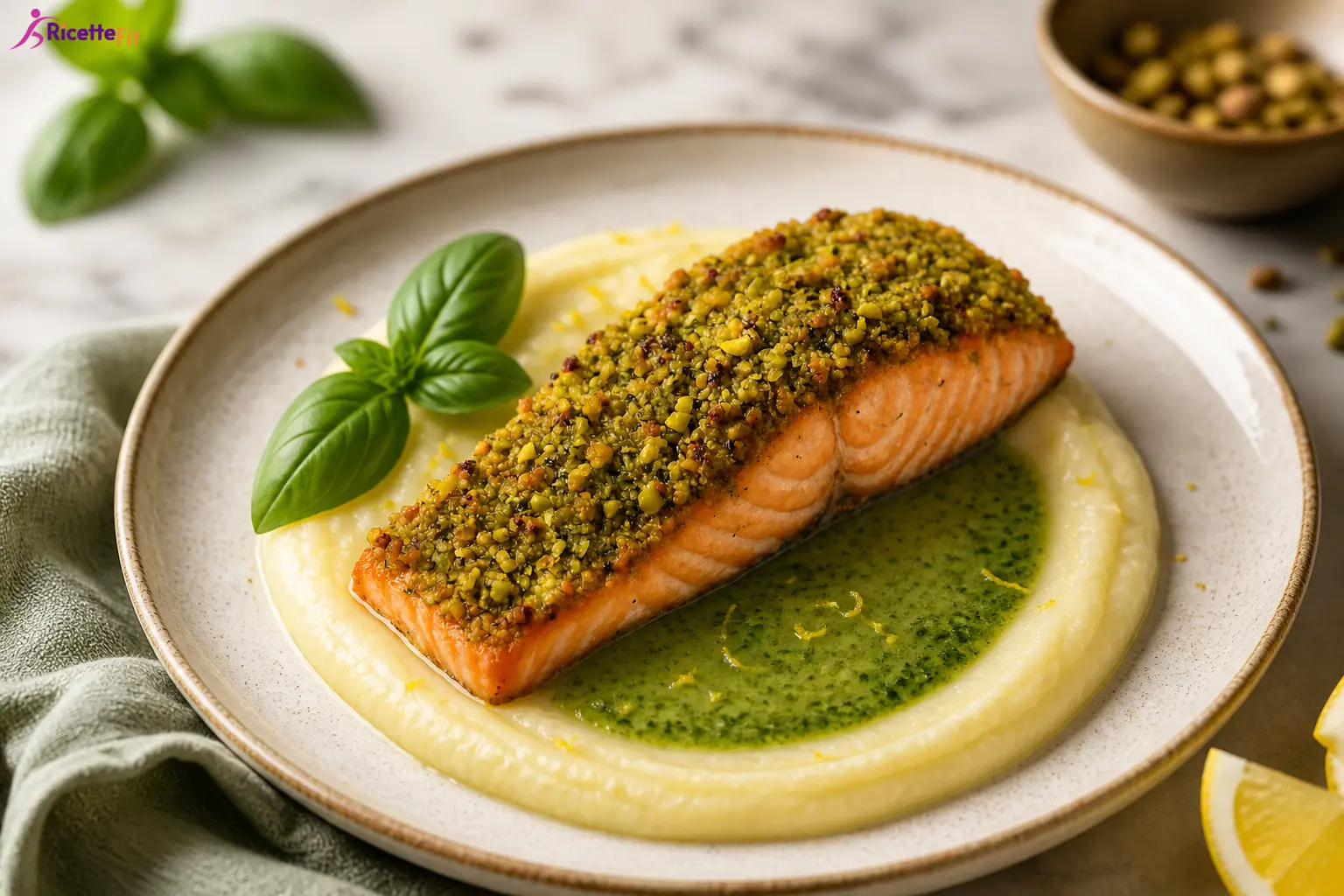Filetto di salmone in crosta di pistacchi con crema allo yogurt e lime