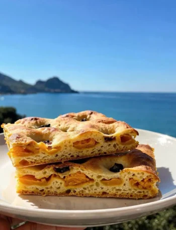 Focaccia alla zucca senza impastare su piatto vista mare a Cefalù