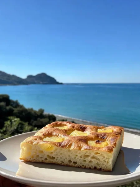 Trancio di focaccia all’ananas senza grassi con vista sul mare di Cefalù