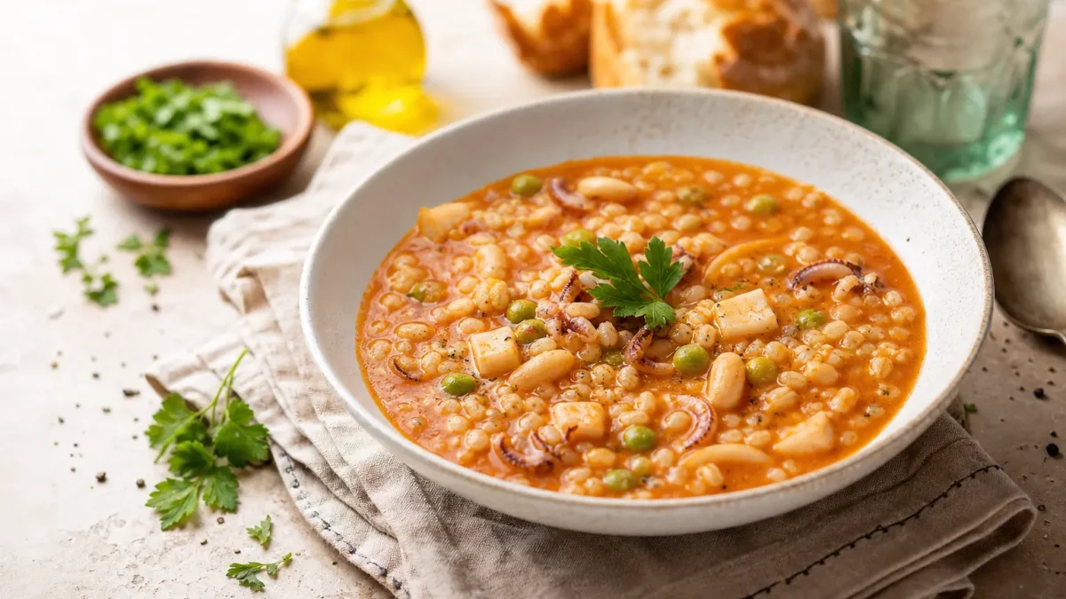 Fregola con seppie e piselli al pomodoro in piatto fondo