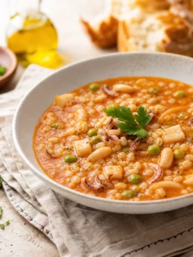 Fregola con seppie e piselli al pomodoro in piatto fondo