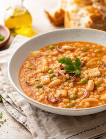 Fregola con seppie e piselli al pomodoro in piatto fondo