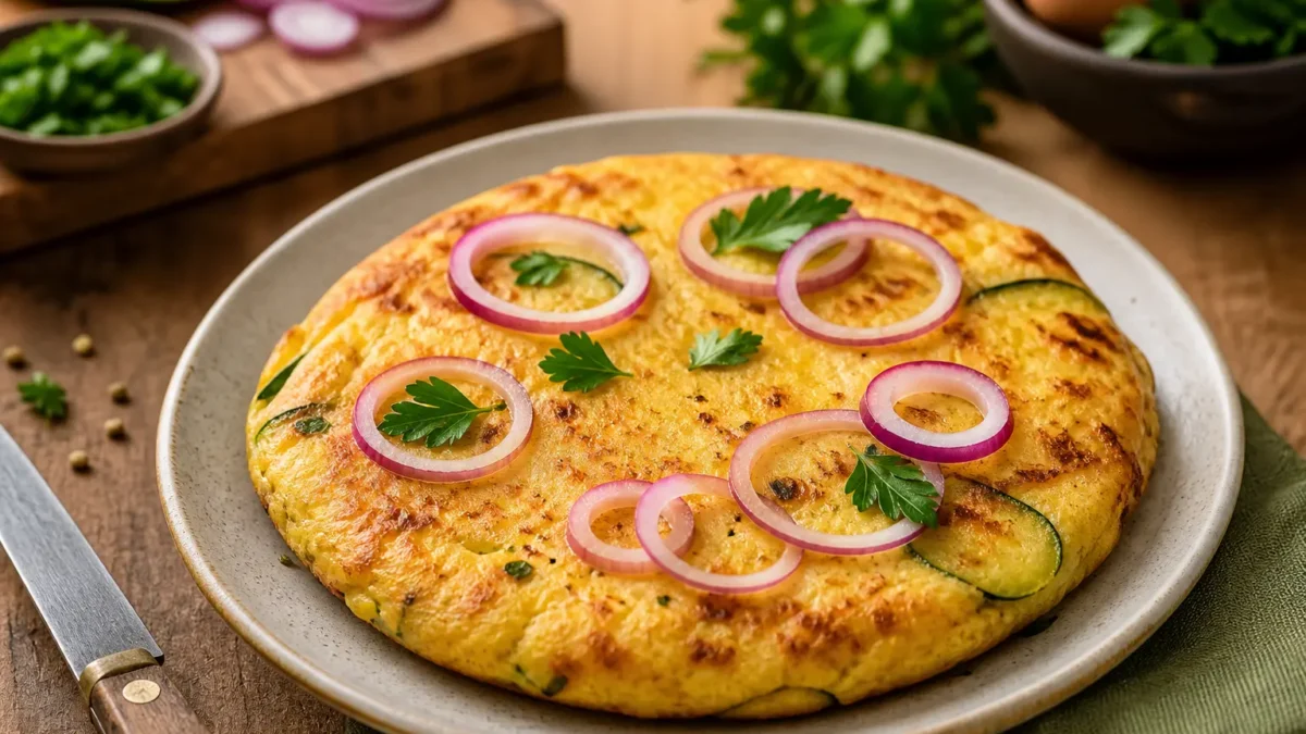 Frittata fit con zucchine e cipolla rossa decorata con prezzemolo