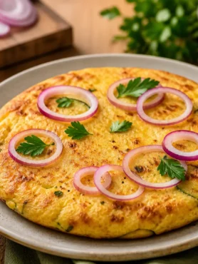 Frittata fit con zucchine e cipolla rossa decorata con prezzemolo