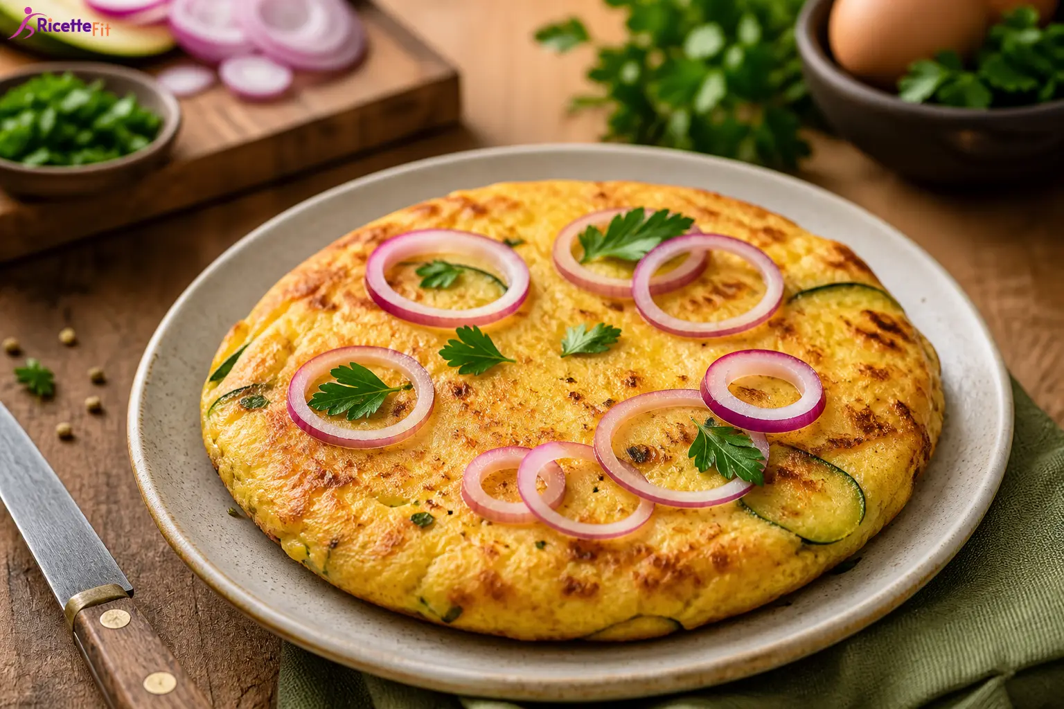 Frittata fit con zucchine e cipolla rossa decorata con prezzemolo