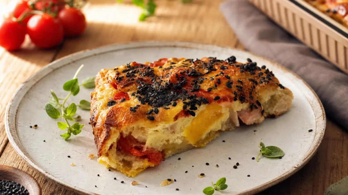 Frittata proteica al forno con albumi, peperoni, cipolla e sesamo nero
