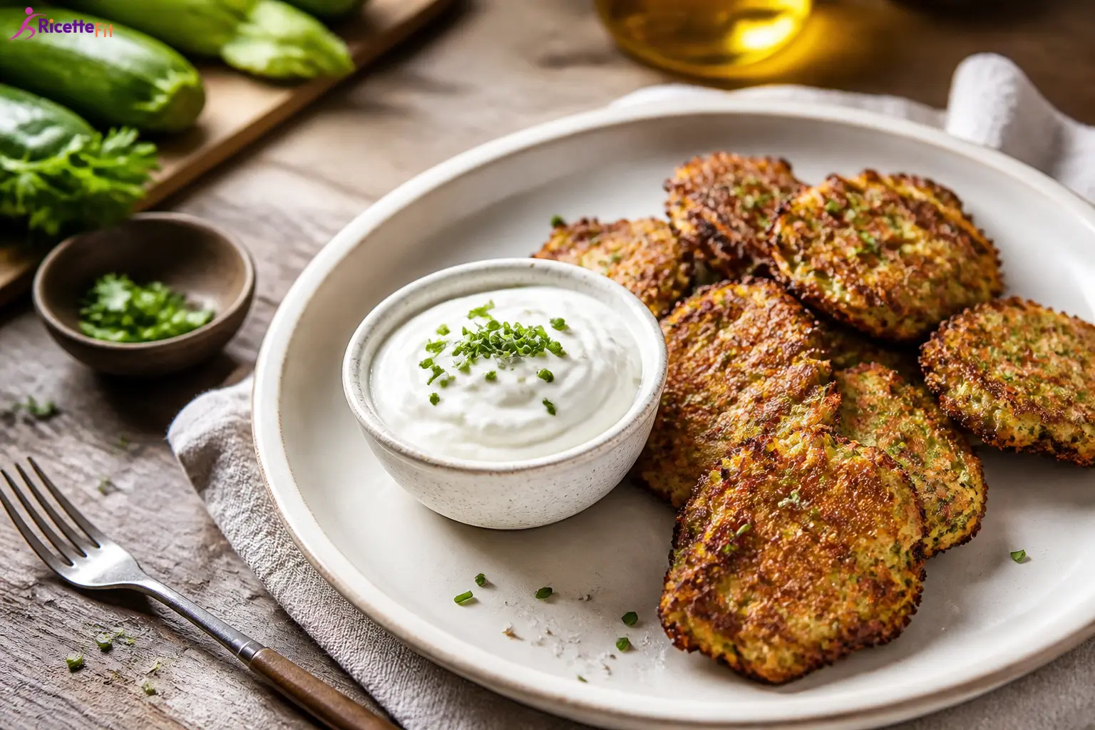 Frittelle di cavolfiore light al forno con salsa allo yogurt ed erba cipollina