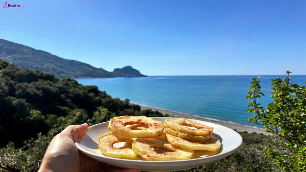 Frittelle di mele in padella light su piatto con vista mare a Cefalù